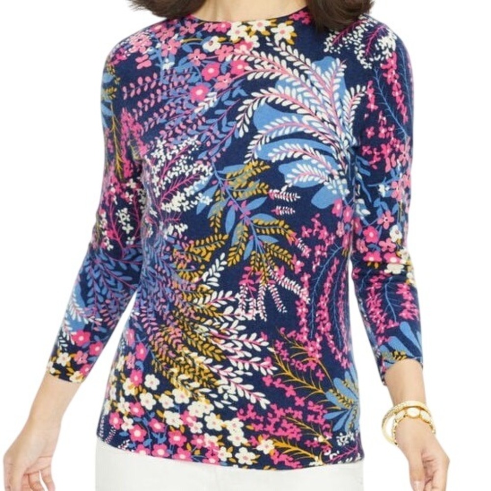 Talbots Womens Audrey Cashmere Floral Crew Neck Sweater Popping Garden Sz Large